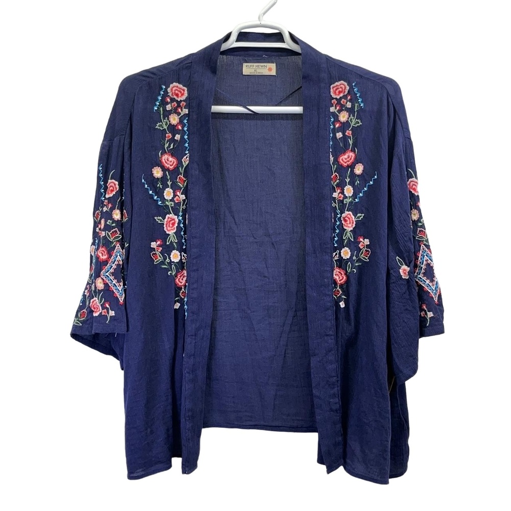 NWT Ruff Hewn Blue Womens Floral Embroidered Open‎ Front Kimono Top XL